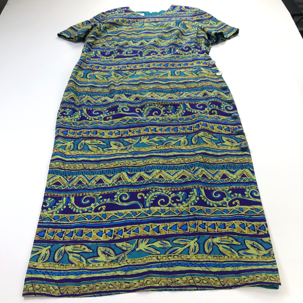 Maggy London VTG 14 100% Silk Midi Below Knee Dress All Over Print Purple Green